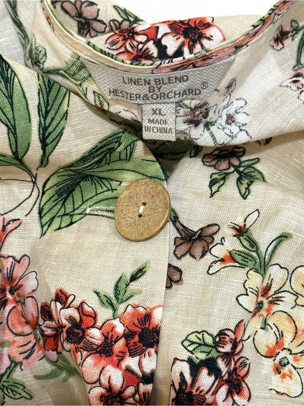 Linen Blend Floral Print Button-Down Women’s Shirt in Beige - Picture 2 of 4
